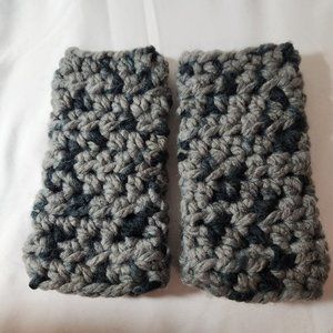 Grey Navy Blue Hand Knit Crochet Adult Wristers Fingerless Gloves
